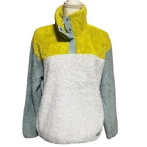 Eddie Bauer Yellow, light blue and White Cowl Neck Fleece teddy Sweater